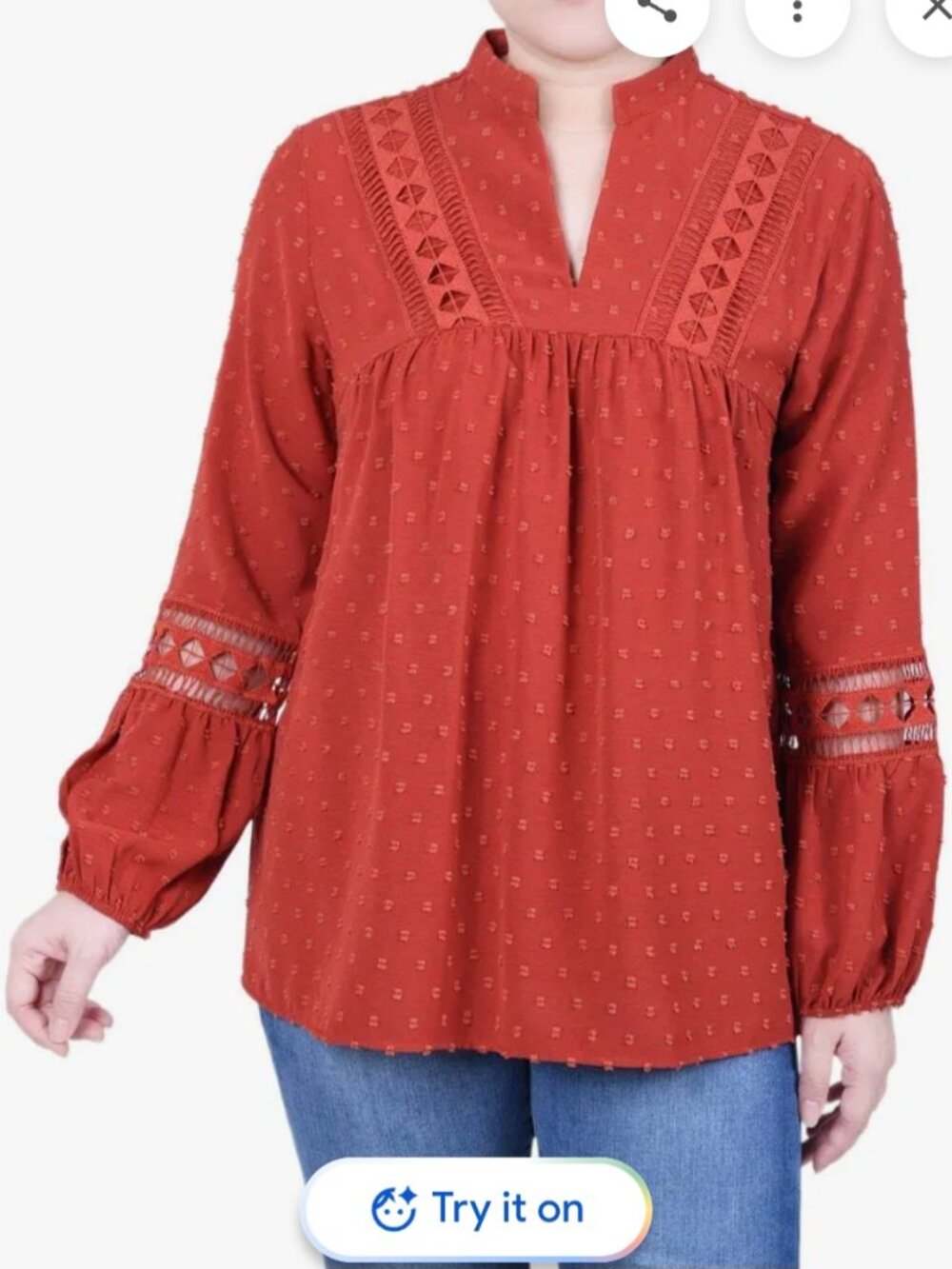 NY Collection Petite Long Sleeve Blouse With Crochet Trim Red Size PXL NWT